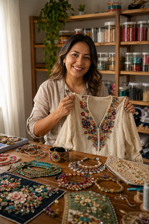 Mujer latina mostrando sus piezas de pedrería hechas en casa